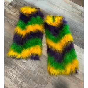 Mardi Gras Faux Fur Leg Warmers Green Purple Yellow Striped Fluffy Cosplay